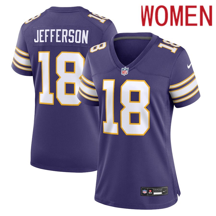 Women Minnesota Vikings 18 Justin Jefferson Nike Purple Classic Player Game NFL Jersey